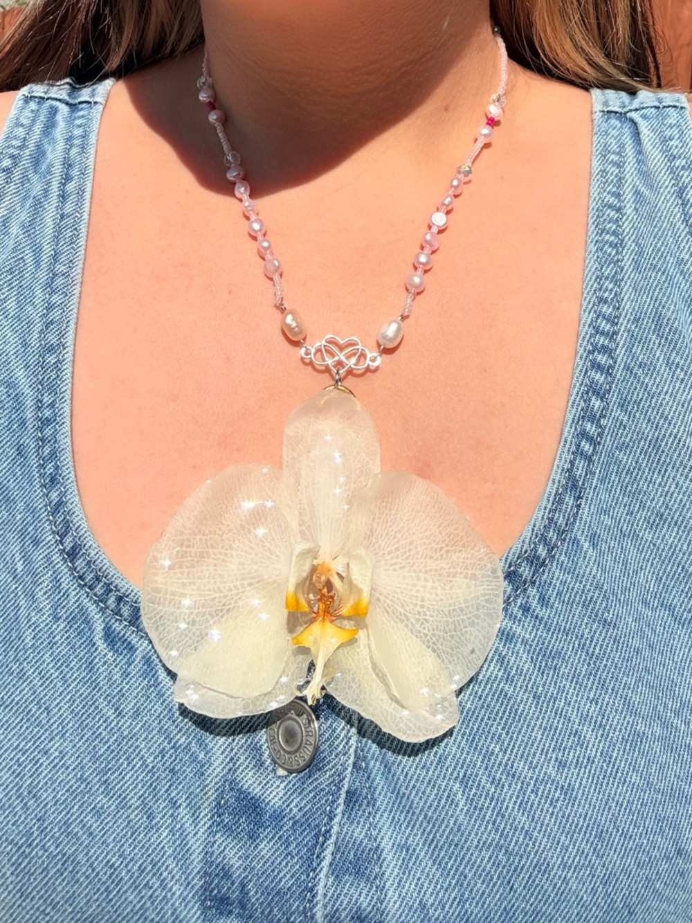 Delicate White Orchid Pendant Necklace with Pink Beaded Chain